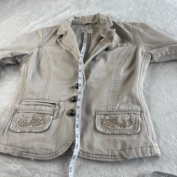 Aeropostale Cotton Embroidered Blazer Jacket Womens S Tan Cream 3 Button Pockets - Picture 6 of 13